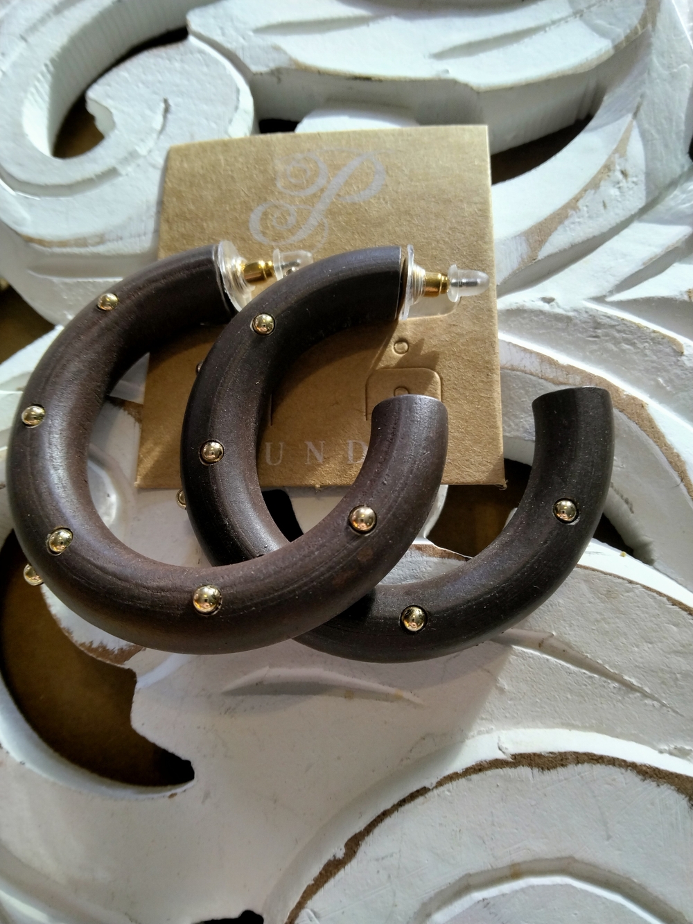 Wooden Hoop Earrings with Gold Stud Accents